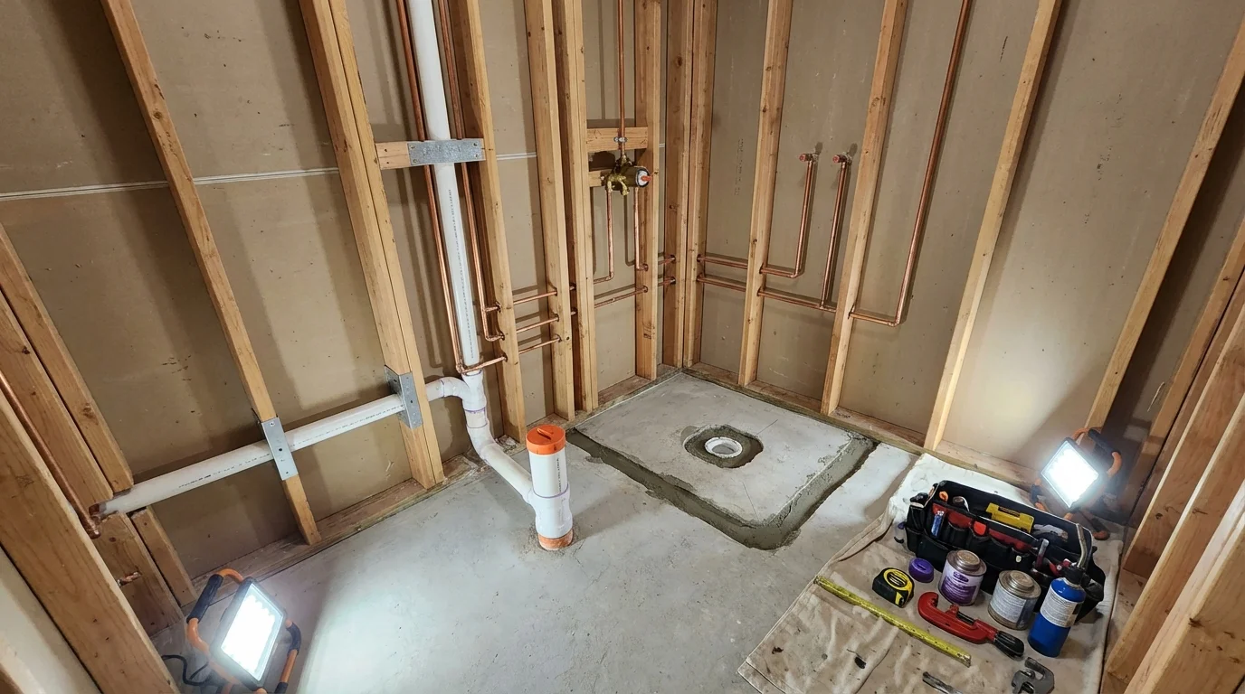 Bathroom rough-in plumbing during remodel by Johns Plumbing LLC in Mascot