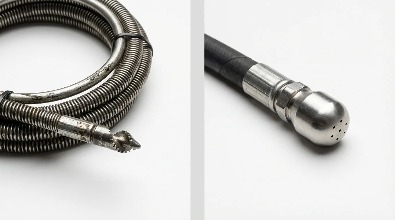 Drain snake cable and hydro jetting nozzle used for drain cleaning in Mascot, TN