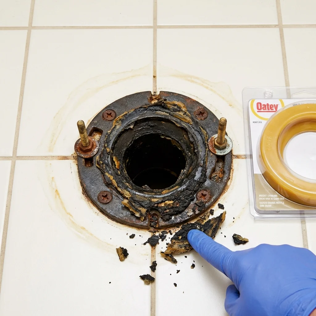 Failed wax ring showing water seepage at the base of a toilet in a Mascot, TN home