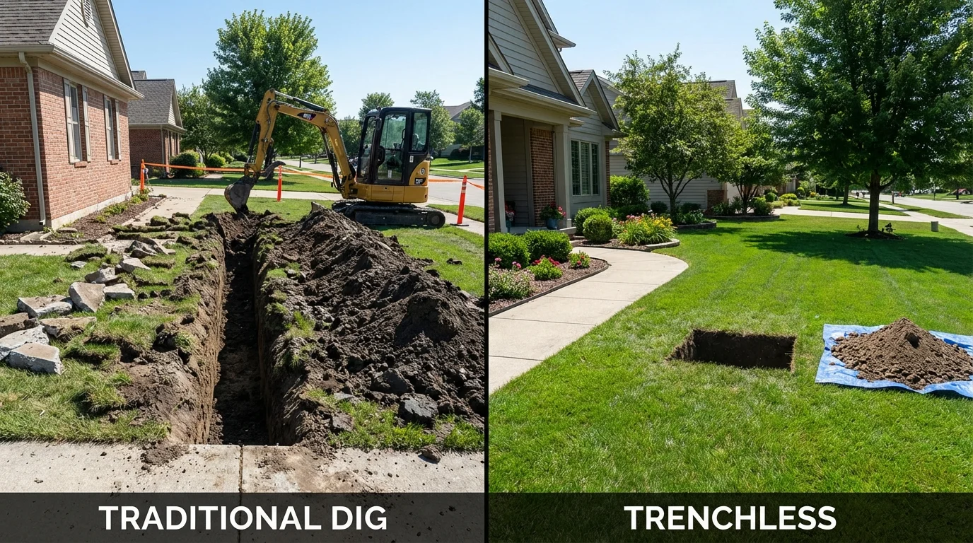 Trenchless sewer repair with minimal yard damage versus traditional excavation in Mascot, TN
