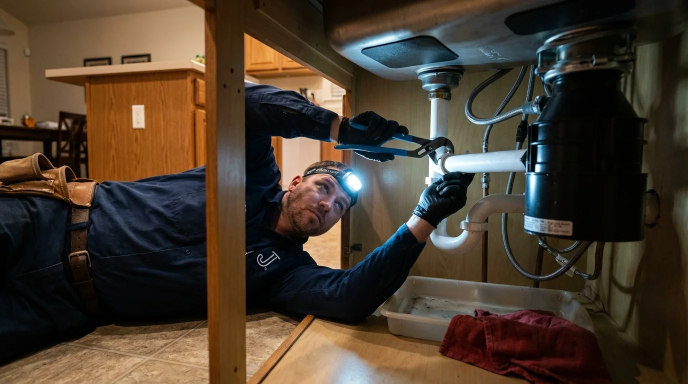 P-trap and supply line connections under a kitchen sink showing a common leak point in Mascot, TN